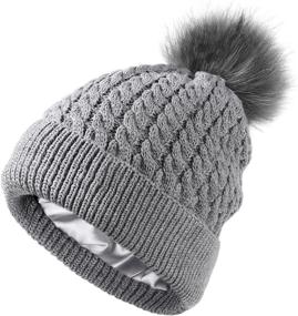 img 4 attached to 👒 Womens Cable Knit Hat Winter Satin Lined Cuffed Beanie with Detachable Faux Fur Pompom Silky Lined Warm Hat