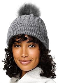 img 3 attached to 👒 Womens Cable Knit Hat Winter Satin Lined Cuffed Beanie with Detachable Faux Fur Pompom Silky Lined Warm Hat