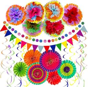 img 4 attached to 🎉 Colorful Fiesta Tissue Pompoms Paper Flowers, Paper Fans Garlands String, and Triangle Bunting Banner - Cinco De Mayo Decorations Set with Hanging Swirls for Birthday Party, Mexican Fiesta Celebration by ZERODECO