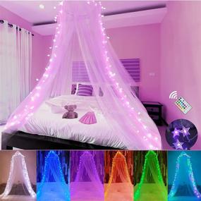 img 4 attached to 🌟 Obrecis LED Star Lights Bed Canopy, Princess Curtain with 18 Color Changing String Lights & Remote Timer, Pink/Red/Blue/White Dome Canopy for Twin to King Size Bed in Girls Bedroom