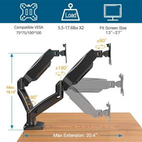 img 3 attached to 💻 Dual Monitor Mount: Adjustable Gas Spring Desk Stand for Two 13-27 Inch Screens - Vesa Bracket, C Clamp, Grommet Mounting Base - Each Arm Holds up to 17.6lbs