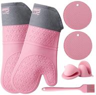 🧤 ms moonstone oven mitts and pot holders set - heat-resistant silicone oven gloves with mini oven mitts, basting brush, and hot pads - for kitchen cooking and baking - pack of 7 in pink logo