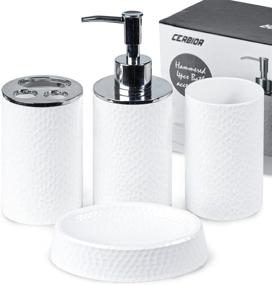 img 4 attached to 🛁 White Bathroom Accessories Set - 4 Piece Bath Ensemble with Soap Dispenser, Toothbrush Holder, Cup & Soap Dish - Ideal for Countertop Decor and Housewarming Gift