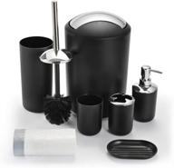 🛀 black plastic 6 piece bathroom accessory set with trash can, toothbrush holder, soap dispenser, tooth mug, soap dish, and toilet brush holder logo