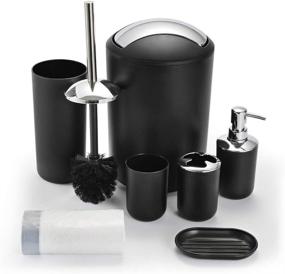 img 4 attached to 🛀 Black Plastic 6 Piece Bathroom Accessory Set with Trash Can, Toothbrush Holder, Soap Dispenser, Tooth Mug, Soap Dish, and Toilet Brush Holder