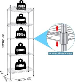 img 1 attached to 🗄️ 5-Tier Metal Shelving Unit with Adjustable Steel Wire, Ideal for Kitchen, Bathroom, and Garage Organization Storage Rack, Including 4 Hooks and Leveling Feet, Dimensions: 22"L x 12"W x 59.3"H, Color: Silver