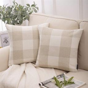 img 4 attached to 🎄 Set of 2 Buffalo Check Plaid Throw Pillow Covers, Off White Farmhouse Plaid Pillow Cases for Christmas Home Decor - Square Pillow Covers, 18 x 18 Inches