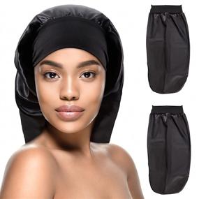 img 4 attached to 💤 Kenllas Long Sleep Cap for Women - 2 PCS: Large Soft Elastic Satin Band Night Bonnet for Curly Dreadlock Braid Hair (Black)