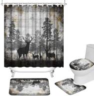 rustic deer family in forest shower curtain set - complete bathroom décor with non-slip rug, toilet lid cover, bath mat, and 12 hooks - vintage animal waterproof design by rnnjoile logo