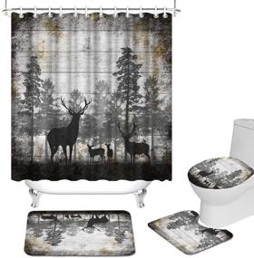 img 4 attached to Rustic Deer Family in Forest Shower Curtain Set - Complete Bathroom Décor with Non-Slip Rug, Toilet Lid Cover, Bath Mat, and 12 Hooks - Vintage Animal Waterproof Design by RnnJoile