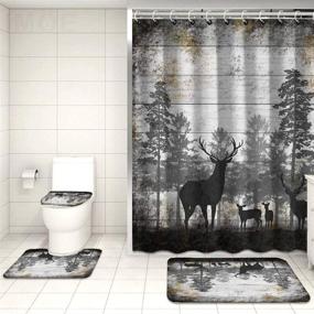 img 2 attached to Rustic Deer Family in Forest Shower Curtain Set - Complete Bathroom Décor with Non-Slip Rug, Toilet Lid Cover, Bath Mat, and 12 Hooks - Vintage Animal Waterproof Design by RnnJoile