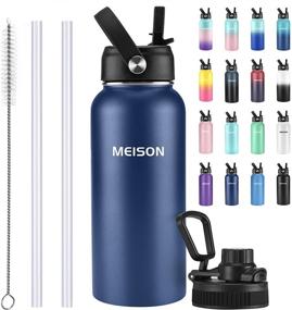 img 4 attached to 💦 32oz Insulated Water Bottle With Straw, 1 Liter Sports Water Bottle, Reusable Wide Mouth Vacuum Flask, Double Wall, BPA-Free Stainless Steel Thermos (Deep Sea, 32oz)