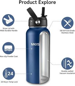 img 3 attached to 💦 32oz Insulated Water Bottle With Straw, 1 Liter Sports Water Bottle, Reusable Wide Mouth Vacuum Flask, Double Wall, BPA-Free Stainless Steel Thermos (Deep Sea, 32oz)