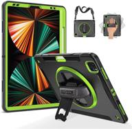 📱 geeksdom ipad pro 12.9 case 2021 5th generation - military grade shockproof cover, pencil holder, 360° stand, hand/shoulder strap - green logo