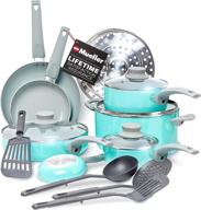 mueller non-stick pots and pans set, 16-piece healthy stone cookware set with butter warmer, aluminum body, deep fry pan, sauce pan, pot, stainless steel steamer, turquoise color, vac-free vented glass lids logo