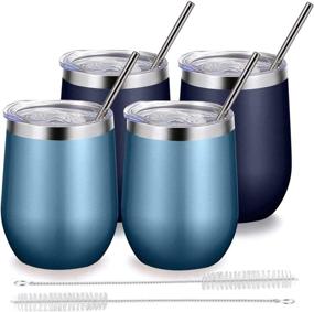 img 4 attached to 🍷 Bastwe Stemless Wine Tumbler 4-Pack: 12oz Stainless Steel, Double Wall Insulated, Lid, Straw - Navy Blue + Blue Gold