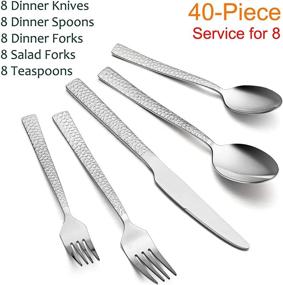 img 3 attached to Modern Square Hammered Silverware Set, E-far 40-Piece Stainless Steel Tableware Cutlery Set for 8, Including Dinner Knives/Forks/Spoons, Mirror Polished & Dishwasher Safe - Improved SEO