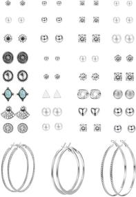 img 4 attached to 👩 HANPABUM 33-Pair Assorted Multi-Stud Hoop Earrings Set for Women and Girls - Vintage Geometric, Faux Pearl, Round Ball, CZ Earrings Pack