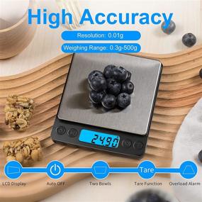 img 1 attached to Upgraded Digital Food Kitchen Scale: High Accuracy YONCON Mini Pocket Scale Measures in Grams and oz for Cooking, Baking, Jewelry with Tare Function, 500g/0.01g, LCD Display, 2 Trays, Batteries Included