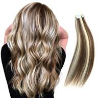 👩 rinboool tape in hair extensions human hair, 16 inch 40 gram 20 pieces, real natural remy, 2 tone piano color, platinum blonde highlighted medium brown, 6/60 logo