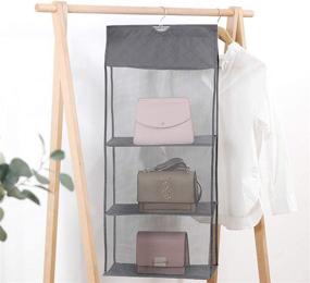 img 3 attached to 👜 Hanging Handbag Organizer with Foldable Dust Cover - Space Saving Purse Storage Holder for Wardrobe Closet (Grey, 4 Shelves)