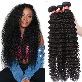 img 4 attached to Brazilian Deep Wave Hair Bundles (16 18 20 дюймов) - 100% непереработанные влажные и волнистые человеческие волосы - 10A кучерявое наращивание волос естественного цвета (16 18 20)