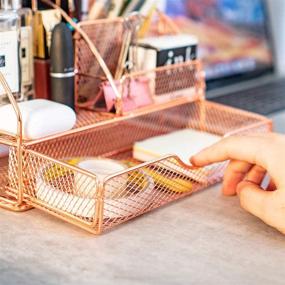 img 2 attached to 🔥 ARCOBIS Rose Gold Desk Organizer with Drawer: Stylish and Functional Office Desktop Pen Holder Caddy with 5 Compartments + 1 Large Drawer from The Mesh Collection for Women