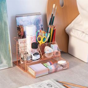 img 3 attached to 🔥 ARCOBIS Rose Gold Desk Organizer with Drawer: Stylish and Functional Office Desktop Pen Holder Caddy with 5 Compartments + 1 Large Drawer from The Mesh Collection for Women