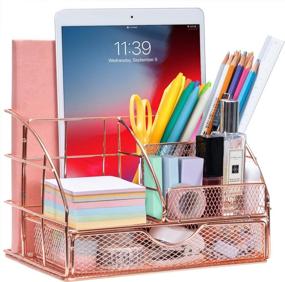 img 4 attached to 🔥 ARCOBIS Rose Gold Desk Organizer with Drawer: Stylish and Functional Office Desktop Pen Holder Caddy with 5 Compartments + 1 Large Drawer from The Mesh Collection for Women