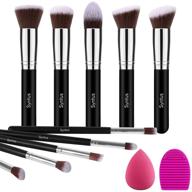 💄 syntus makeup brush set: 10 brushes, blender sponge, and cleaner - premium synthetic kit for foundation, powder, blush, concealer, and eye shadow, in black silver logo