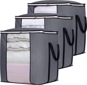 img 4 attached to 120L Oversized Blanket Storage Bags - Sturdy Fabric Clothes Storage Containers for King Comforter Bedding Pillow Sheet, Grey (Pack of 3)