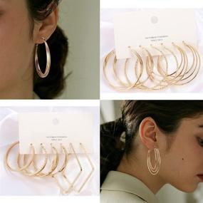 img 2 attached to 🔶 Set of 12 Pairs Gold Plated Stainless Steel Big Hoop Earrings - Hypoallergenic Square and Thin Geometric Hoop Earrings for Women and Girls with Sensitive Ears