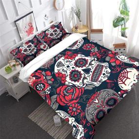 img 2 attached to 🦇 Gothic Halloween Sugar Skull Bedding Comforter Cover Set Queen - 3 Piece Soft Microfiber Duvet Cover with 2 Pillow Shams - Gothic Skull Decor for Teens and Adults - Queen Size 90"x 90