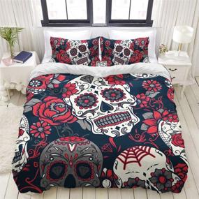 img 4 attached to 🦇 Gothic Halloween Sugar Skull Bedding Comforter Cover Set Queen - 3 Piece Soft Microfiber Duvet Cover with 2 Pillow Shams - Gothic Skull Decor for Teens and Adults - Queen Size 90"x 90