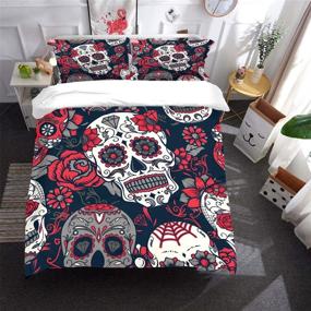 img 3 attached to 🦇 Gothic Halloween Sugar Skull Bedding Comforter Cover Set Queen - 3 Piece Soft Microfiber Duvet Cover with 2 Pillow Shams - Gothic Skull Decor for Teens and Adults - Queen Size 90"x 90