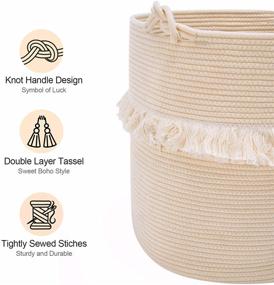 img 2 attached to 🧺 YOUDENOVA Large Woven Rope Storage Basket: Decorative Beige Hamper with Cute Knot Handles, Perfect for Toy, Clothes, and Blanket Organization. Boho Laundry Hamper for Living Room or Baby Nursery, 15.7x16.9 Inches.