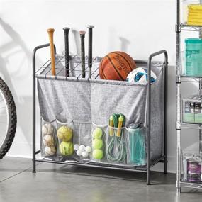 img 3 attached to 🏀 mDesign Sports Storage Rack with Convenient Front Pockets - Ideal for Organizing Basketballs, Water Bottles, Footballs, Baseball Bats, Hats, Frisbees, Softballs - Sleek Graphite Gray/Gray Design