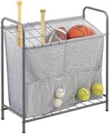 🏀 mdesign sports storage rack with convenient front pockets - ideal for organizing basketballs, water bottles, footballs, baseball bats, hats, frisbees, softballs - sleek graphite gray/gray design logo