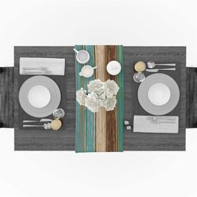 img 2 attached to Cotton Linen Table Runner with Retro Rustic Barn Wood Design in Teal Green and Brown - Non-Slip Burlap Rectangle Table Setting Decor for Farmhouse Wedding Party, Holiday Dinner, and Home - 13X70 Inches Long