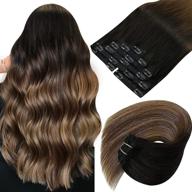 🌞 sunny clip in hair extensions - real human hair black ombré fading to dark brown/caramel blonde mix - remy clip in human hair extensions - 20inch 7pcs 120g logo