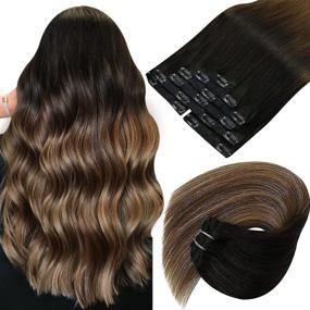 img 4 attached to 🌞 Sunny Clip in Hair Extensions - Real Human Hair Black Ombré Fading to Dark Brown/Caramel Blonde Mix - Remy Clip in Human Hair Extensions - 20inch 7pcs 120g