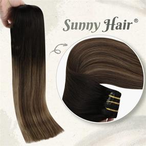 img 1 attached to 🌞 Sunny Clip in Hair Extensions - Real Human Hair Black Ombré Fading to Dark Brown/Caramel Blonde Mix - Remy Clip in Human Hair Extensions - 20inch 7pcs 120g