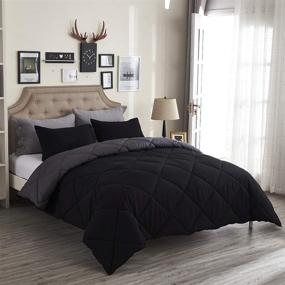 img 4 attached to Black King Size Ultra-Soft Comforter Set, 3pc with Two Shams - All 🛏️ Seasons Striped Bedding Set, Luxury Comforter with Corner Tabs, Fluffy and Complete Bedding Set