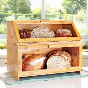 img 3 attached to Laura's Green Kitchen Extra Large Double Compartment Bread Box – Rustic Farmhouse Style Bamboo BreadBox with Clear Windows for Kitchen Countertop – Double Layer Bread Storage (Self-Assembly)