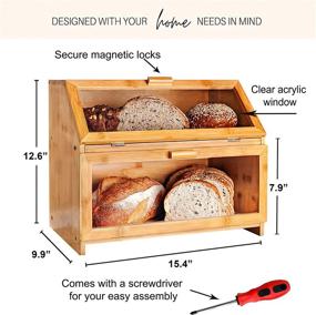 img 2 attached to Laura's Green Kitchen Extra Large Double Compartment Bread Box – Rustic Farmhouse Style Bamboo BreadBox with Clear Windows for Kitchen Countertop – Double Layer Bread Storage (Self-Assembly)