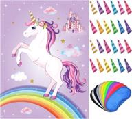 🎉 party game set: pin the tail on the unicorn - includes game poster, tail and eye masks for kids birthday party, perfect party favor logo