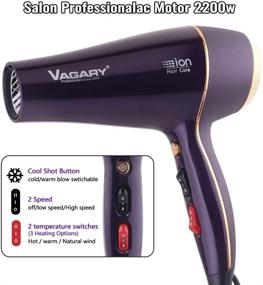img 2 attached to 💇 VAGARY Professional Salon Hair Dryer 2200w with Negative Ionic Technology, Powerful AC Motor, Low Noise, 2 Speeds, 2 Heat Settings, 1 Cold Button, Includes Diffuser and Concentrator