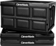 clevermade 62l collapsible storage bins - folding plastic stackable utility crates, solid wall, no lid, set of 3, black logo
