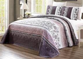img 1 attached to 🛏️ Premium 3-Piece Oversize Quilt Set: Full/Queen Size, Reversible Bedspread Coverlet, All-Season Bed Cover in Purple, Grey, Brown, White, Floral Prints - Prewashed Fine Printed Comfort