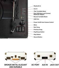 img 1 attached to 🎵 Беспроводной проигрыватель виниловых дисков, портативный плеер MyWave Bluetooth с встроенными стерео колонками, 3-скорости, запись винила в MP3, передача по Bluetooth и прием сигнала, вход AUX, выход RCA, наушники (белый-2)